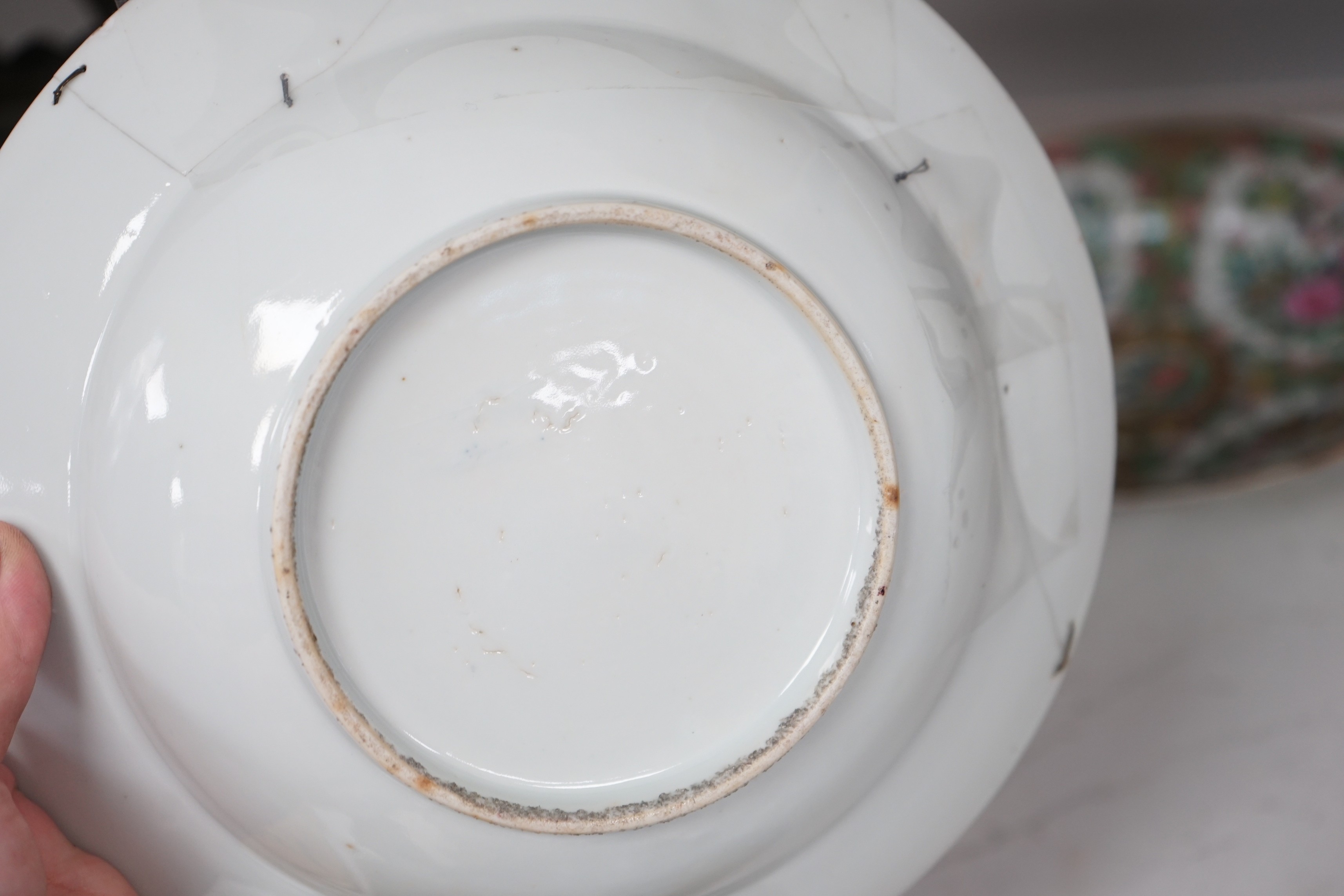 A group of 19th century Chinese famille rose - two plates, a square dish and a box and cover and two blue and white small vases